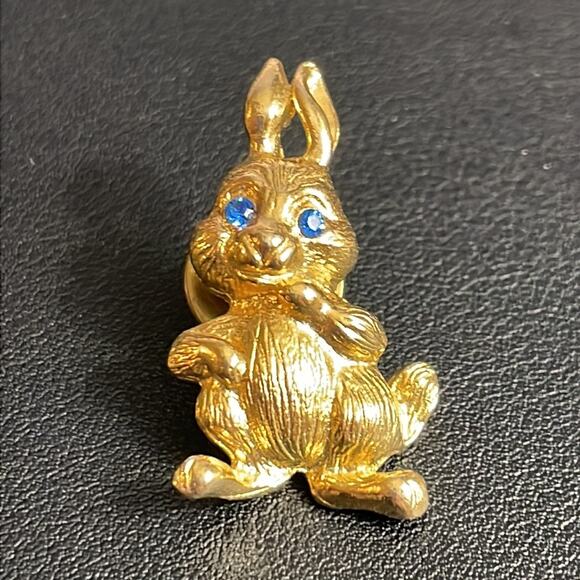 Gold Tone Easter Bunny Rabbit Pin with Blue Rhinestone Eyes - Picture 1 of 7